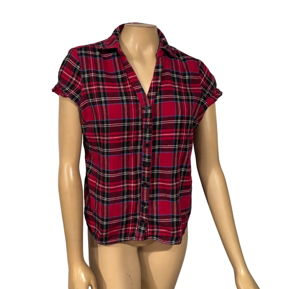 Wet Seal Vintage Red Plaid Short Sleeve Button Up Top Cinched Back Cotton